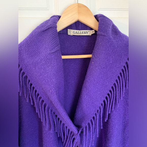 Vintage 80s 90s Gallery 100% Wool Purple Oversized Fringe Blanket Coat M - Picture 2 of 14